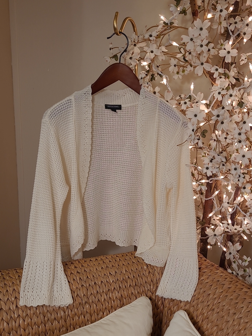 Notations Cream Open-Front Crochet Shrug